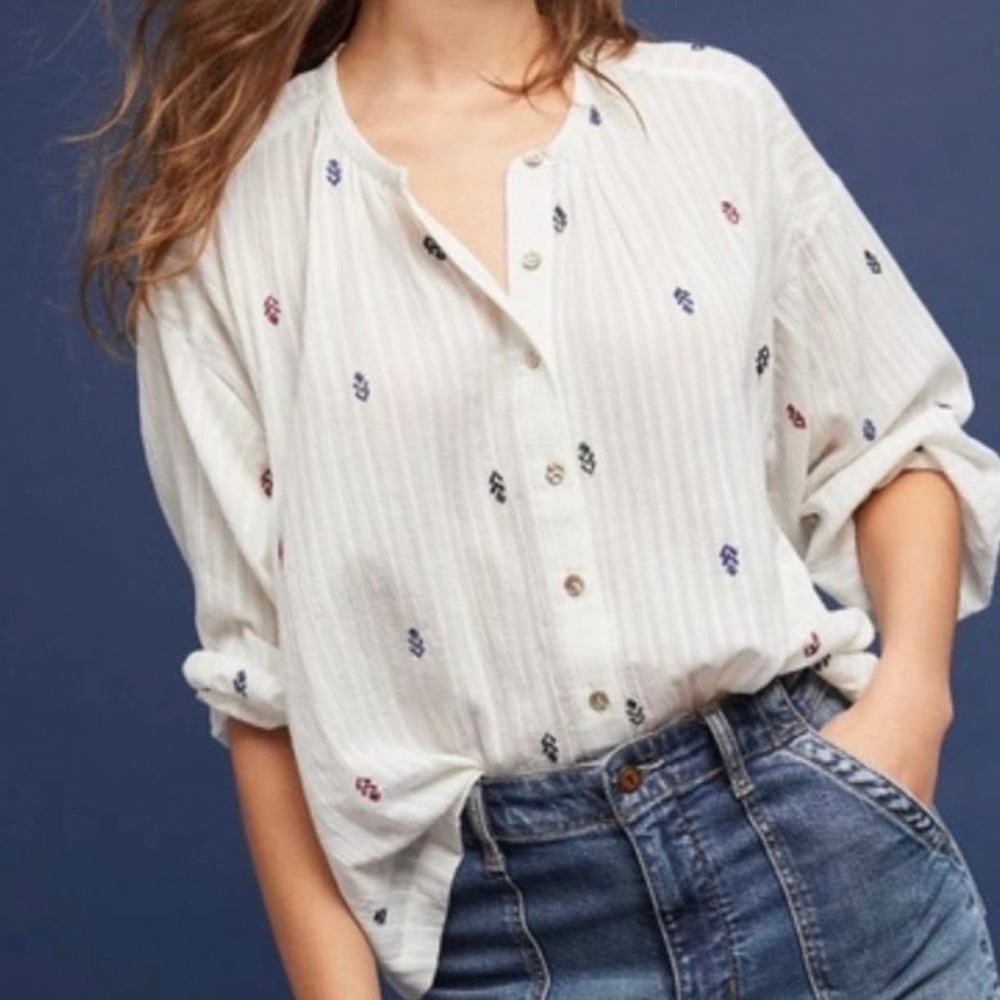 Anthropologie x Akemi + Kin Adela Embroidered Top Womens Small Ivory Button Down